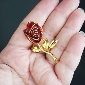 Joan Rivers Red Enamel Rose Brooch Gold Tone‎ Floral Pin Vintage Jewelry